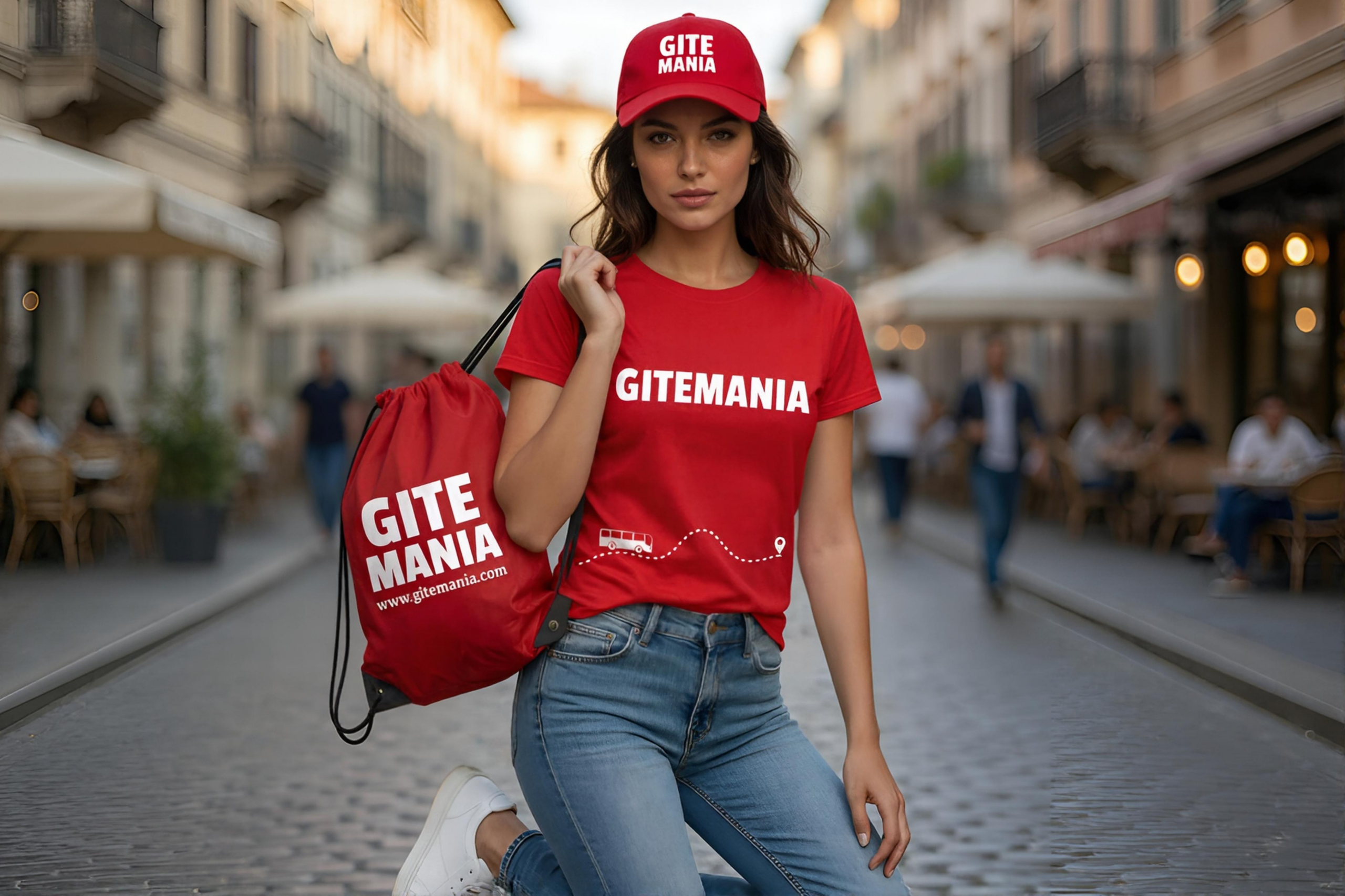 Modella con cappellino, zainetto e maglietta Gitemania